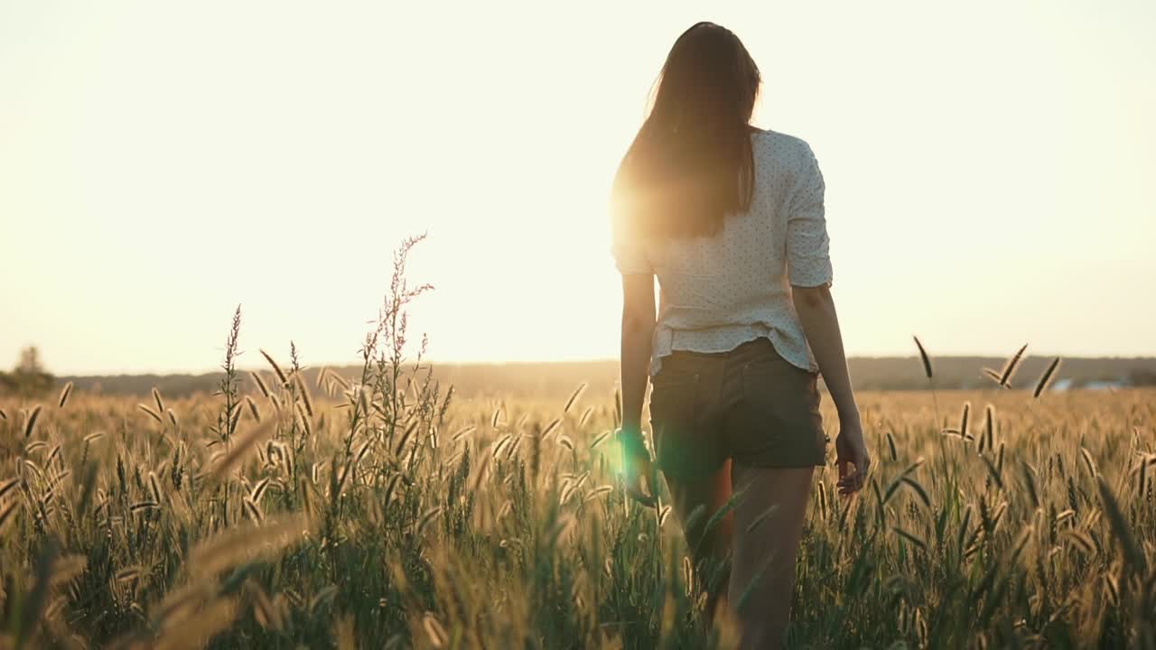 mujer caminando por un campo de trigo al atardecer