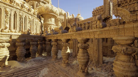intricate temple architecture featuring detailed carvings in a desert setting