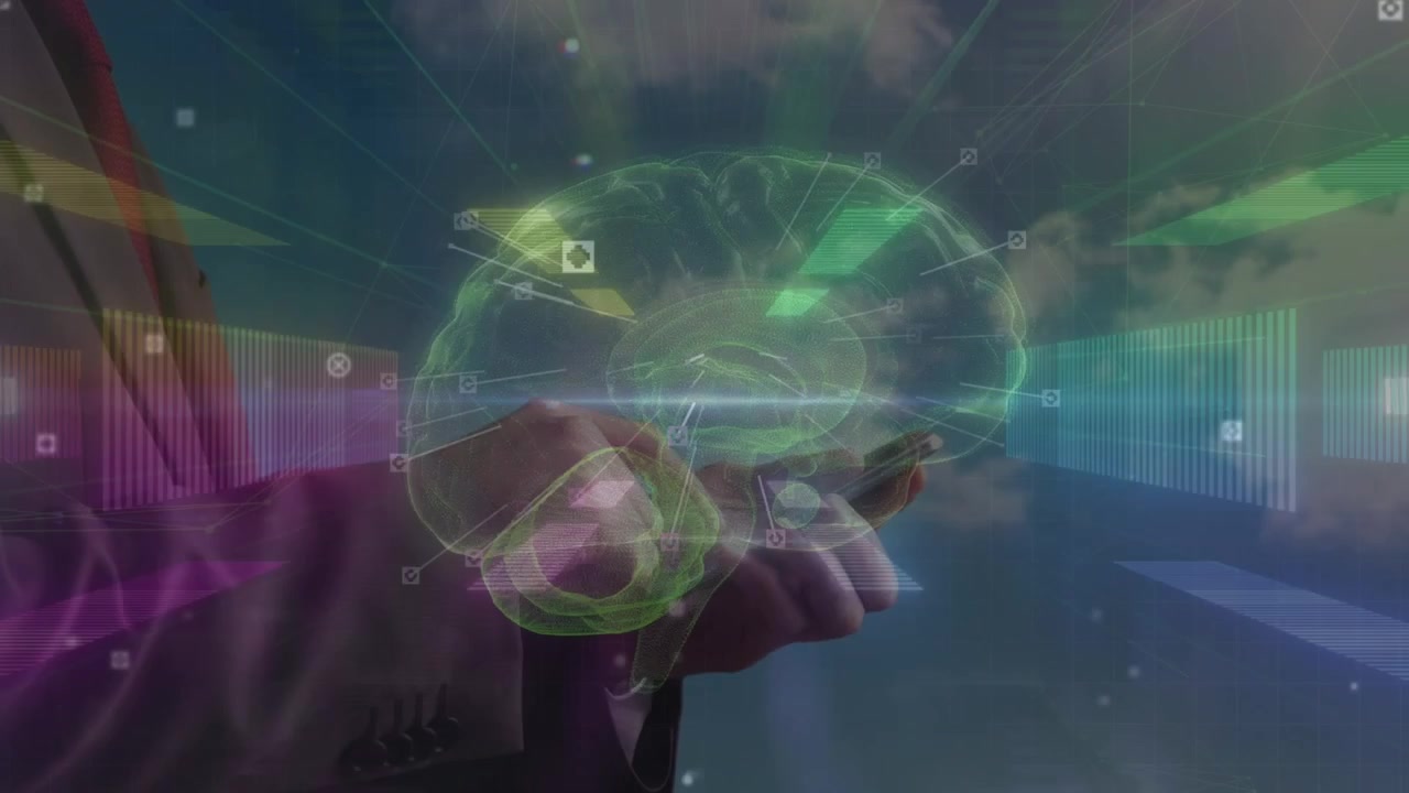 Animazione di cervello e luci al neon sulle mani di un uomo d'affari caucasico che usa lo smartphone