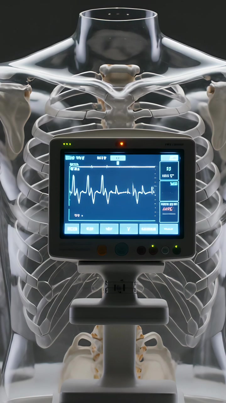 Video verticale: Ricezione di un segnale cardiaco, dimostrazione di un monitor toracico che mostra battiti ECG con LED in una clinica.