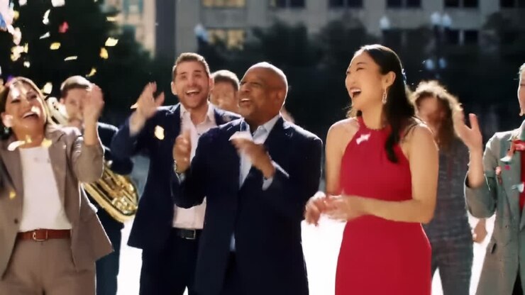 Celebration Unfolds: Group of People Joyfully Celebrating Together with Music and Laughter in an Urban Setting Surrounded by Dancers and Instruments
