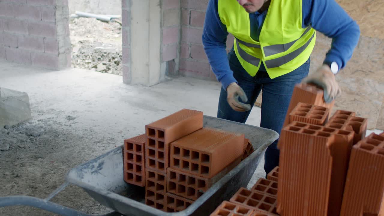 4K slow-motion footage of a construction worker in a safety vest and gloves placing bricks into a partially filled wheelbarrow at a construction site, showcasing effort and skill.