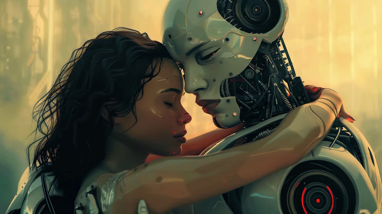 A Woman and a Robot Kissing