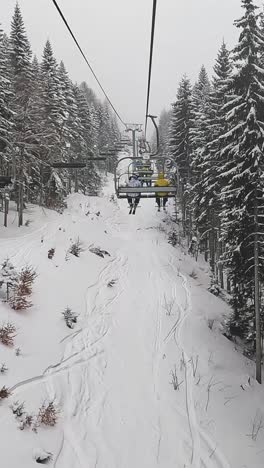 Vertical-Video-POV-Skier-On-Chair-Lift-Across-Snow-Covered-Mountain-Trees