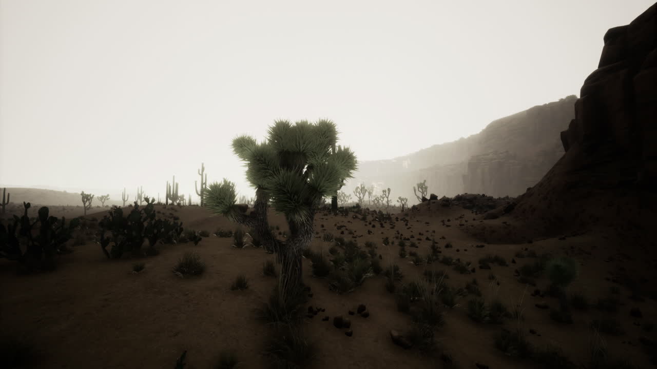 Cacti thrive under muted light in a vast desert landscape during twilight
