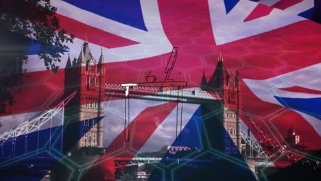 animation of flag of uk over cityscape