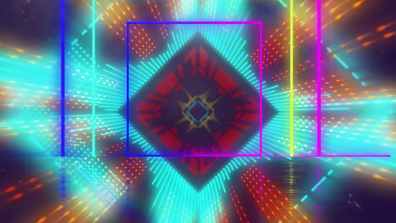 Animazione di quadrati al neon su luci colorate caleidoscopiche che si muovono su sfondo scuro.