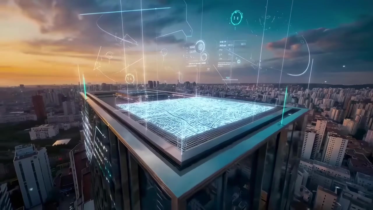 Futuristic Skyscraper with Digital Data Overlays and Cityscape