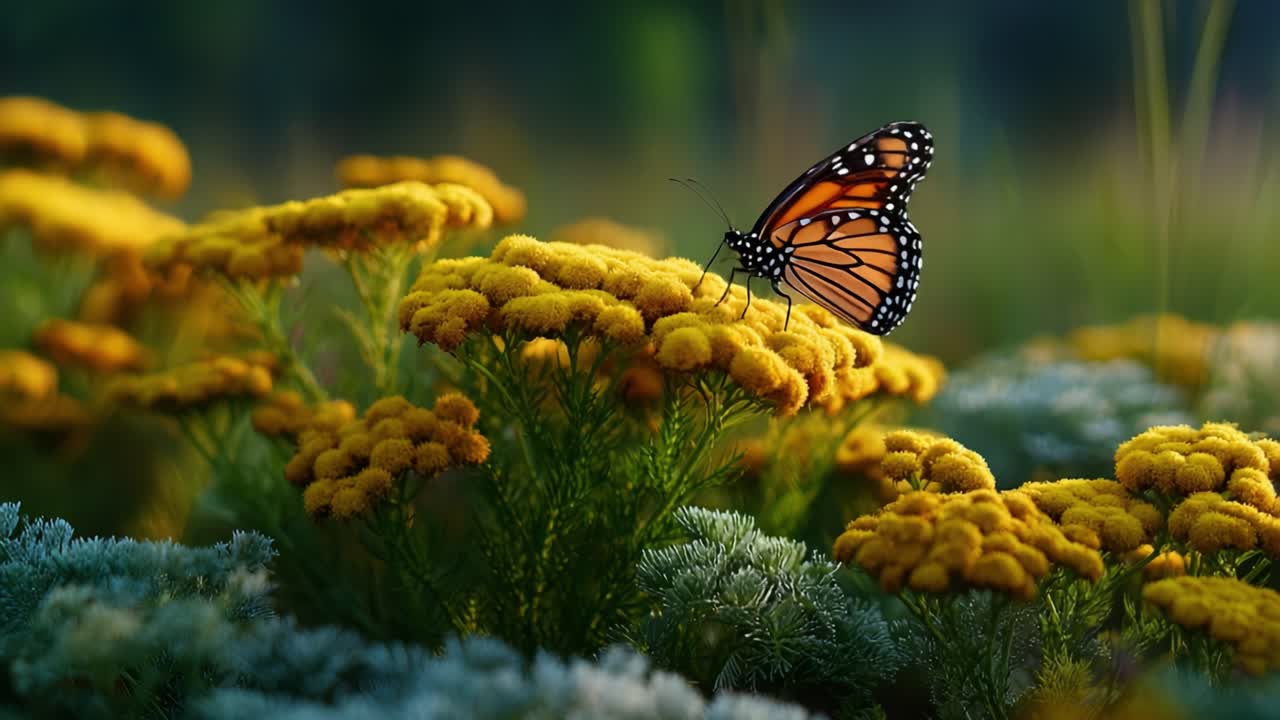 Una splendida farfalla monarca appoggiata su vivaci fiori gialli in un sereno ambiente naturale, che cattura l'essenza della primavera e della biodiversità