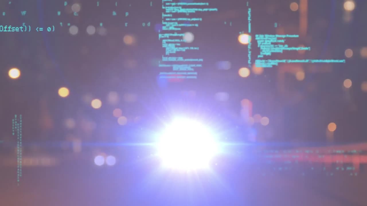 Animation of glowing light and layers of data processing over defocussed city lights at night
