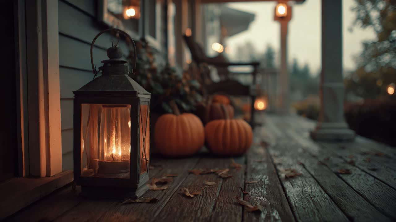 A Cozy Autumn Evening at Home: Warm Lantern Glow Accompanied by Pumpkins on a Scenic Porch with Soft Autumn Leaves Underfoot