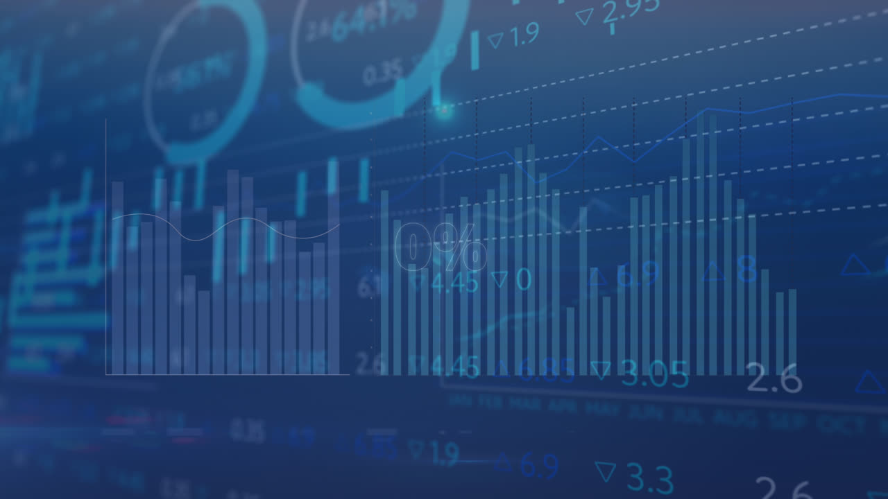 animación del círculo 0 por ciento sobre pantalla digital con gráficos financieros