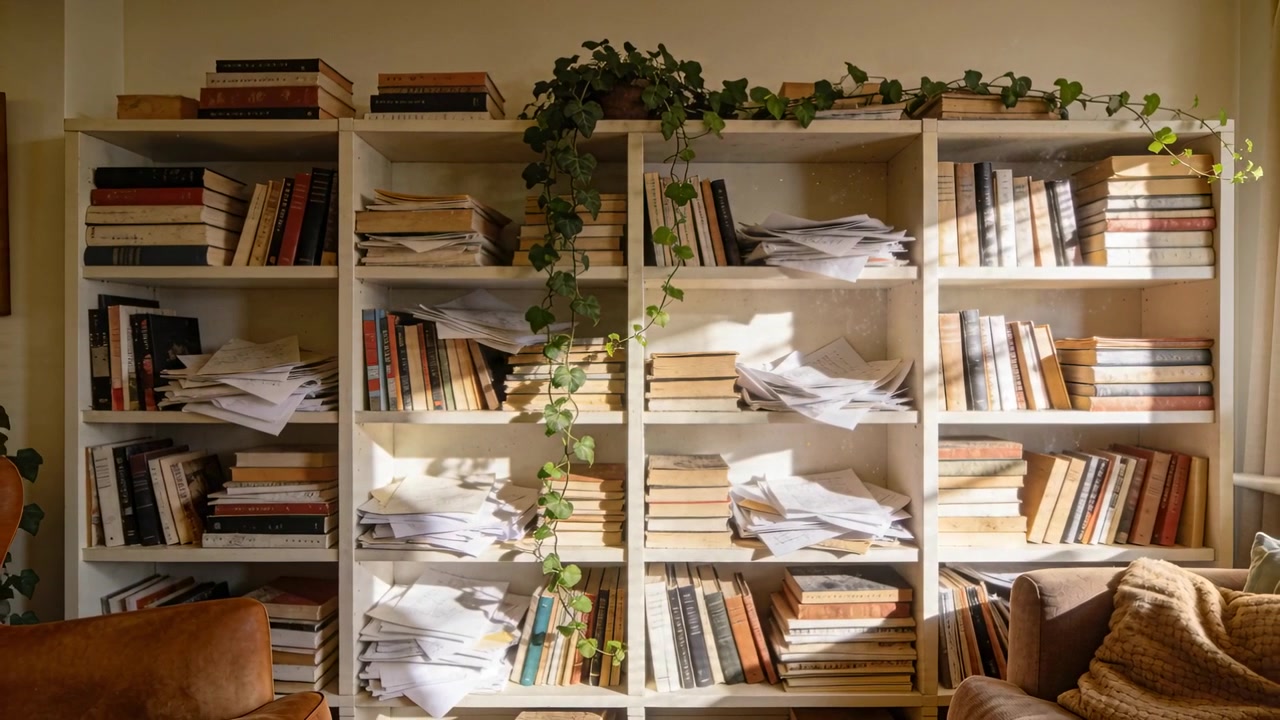 Kamera fährt zurück und enthüllt ein weißes Regal im Lesebereich, das Bücher, Papier und eine Rankenpflanze zeigt.