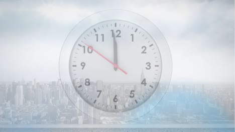 animation of moving clock over cityscape