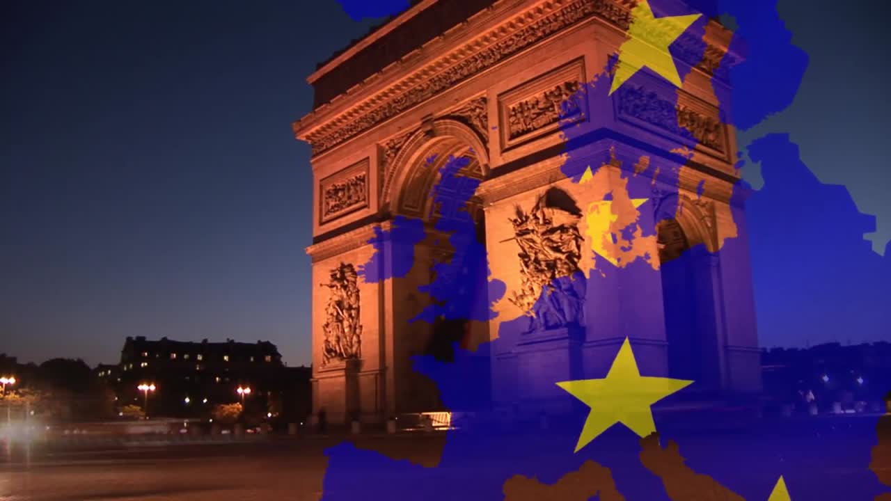 Animación de la bandera de la Unión Europea sobre el paisaje urbano de París