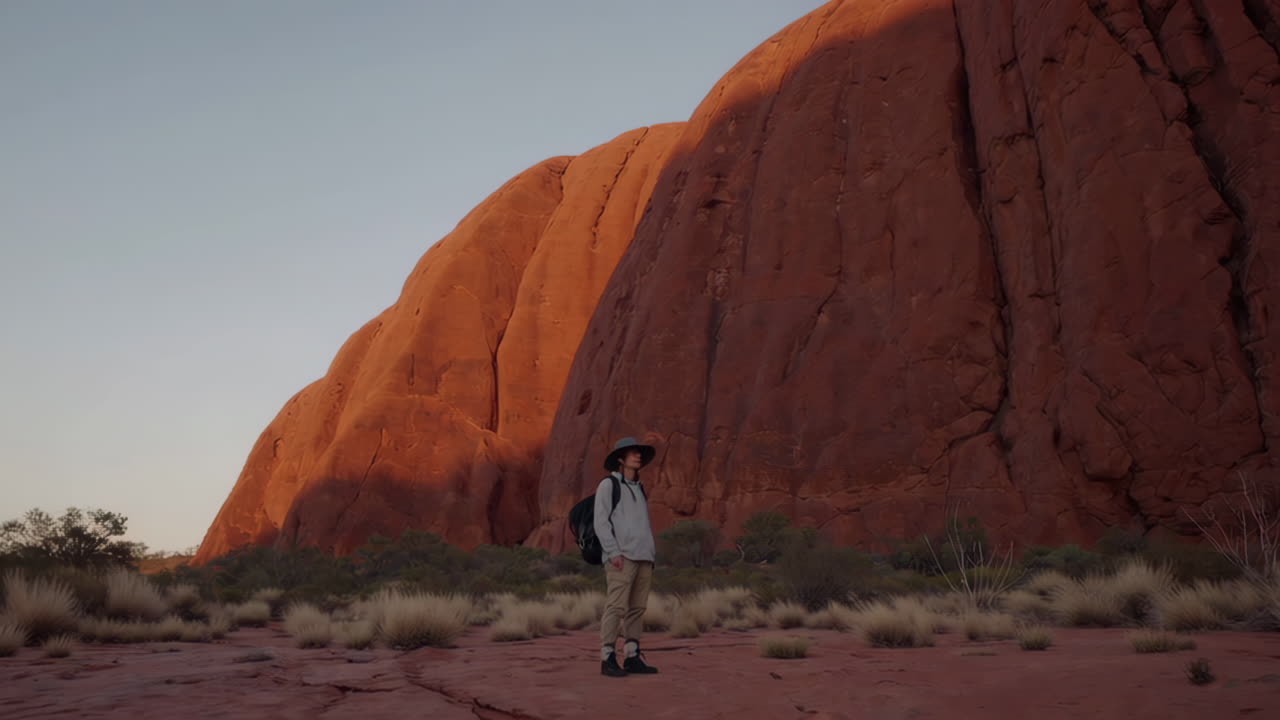 Woman standing in front of Uluru at sunrise