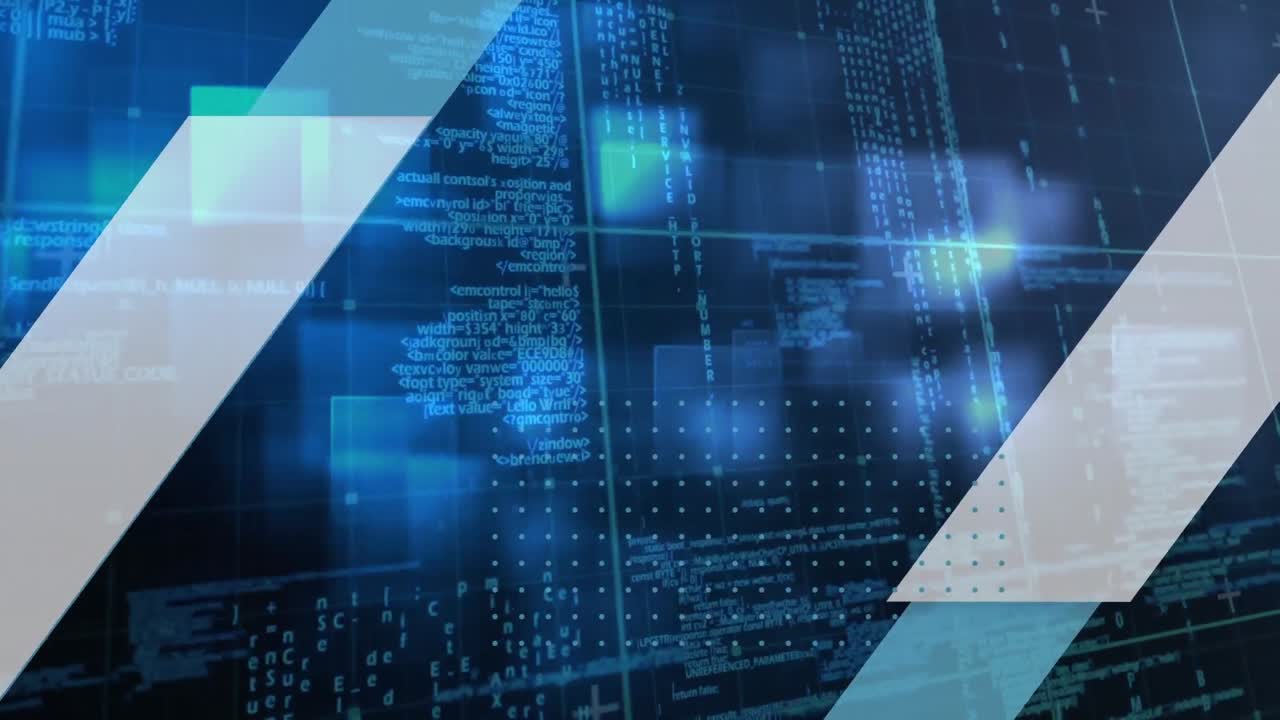 animación digital del procesamiento de datos contra múltiples formas cuadradas contra un fondo azul