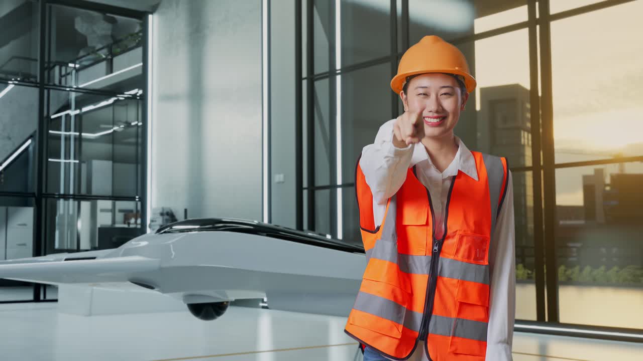 현대적인 사무실에서 카메라를 가리키는 여성 엔지니어