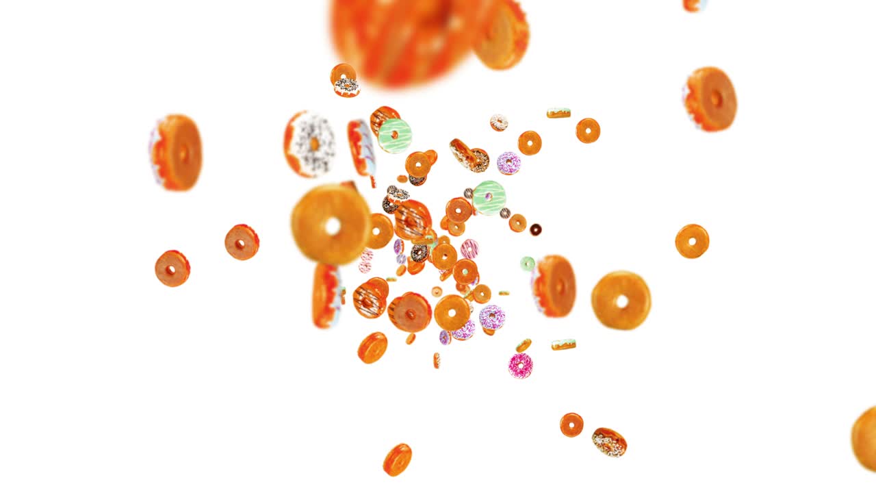 volando muchas rosquillas coloridas en fondo blanco. pastel de rosquilla, dulces, postre. animación 3d de rosquillas girando. animación de bucle.