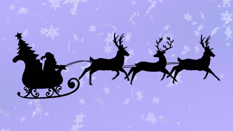 Santa-claus-in-sleigh-being-pulled-by-reindeers-over-snowflakes-falling-against-purple-background