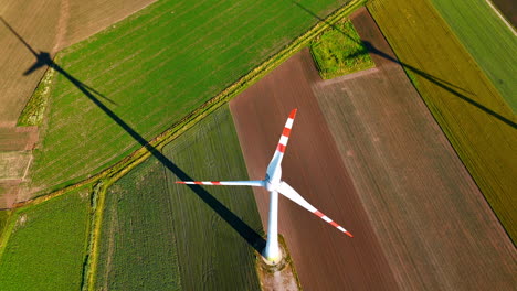 wind turbine casting a shadow on fields. a wind turbine rises above lush green fields while casting a long shadow on the crops below during a sunny day