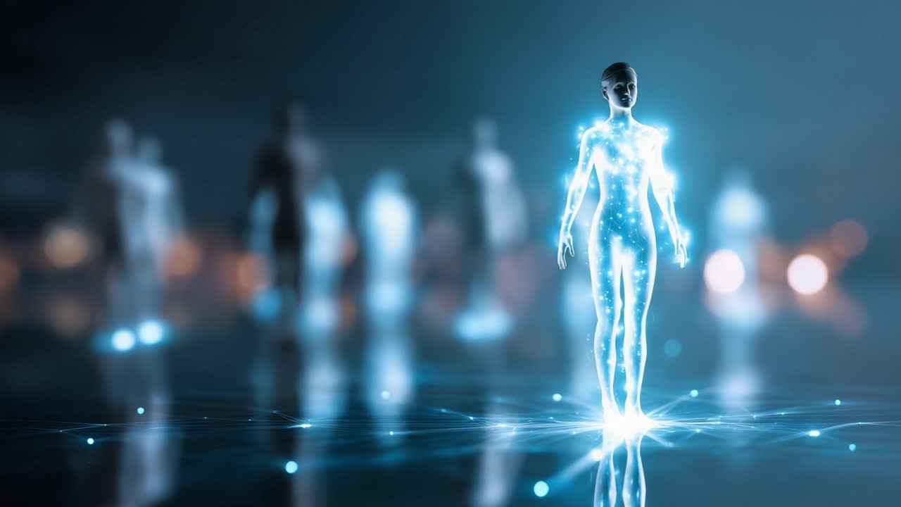 A digital figure surrounded by ethereal silhouettes, symbolizing the contrast between technology and humanity in a visually captivating scene filled with light