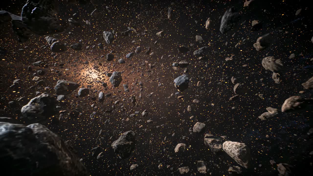 Forward thrust propelling ship camera through dense asteroid belt, surveying orange backlit debris