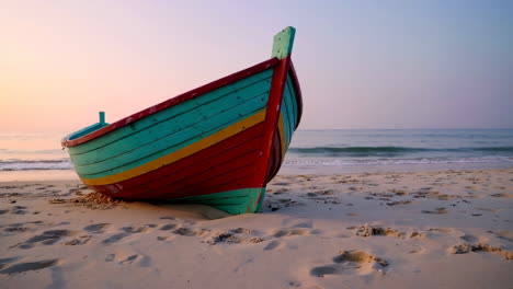 colorful wooden boat on the beach at sunrise/sunset