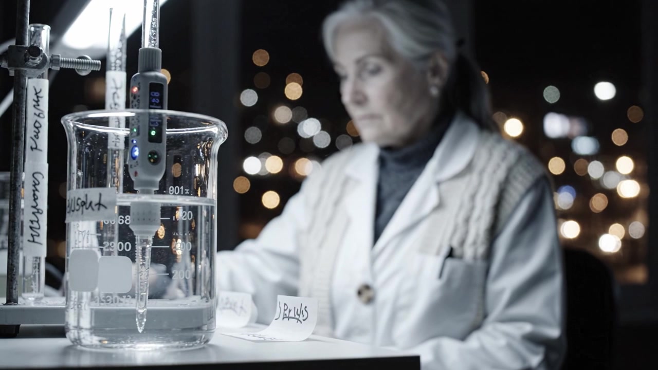 Uno scienziato conduce ricerche notturne in un laboratorio, concentrandosi su misurazioni precise ed esperimenti con liquidi chiari e attrezzature di laboratorio per l'analisi.