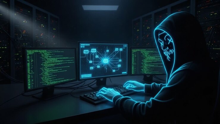 Una rappresentazione illustrativa di un misterioso hacker impegnato in attività cyber ad alta tecnologia in un ambiente server oscuro con schermi multipli che mostrano codice e connessioni di rete.