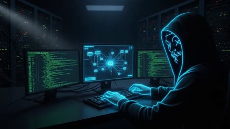 an illustrative representation of a mysterious hacker engaging in high-tech cyber activities amidst a dark server environment with multiple screens displaying code and network connections