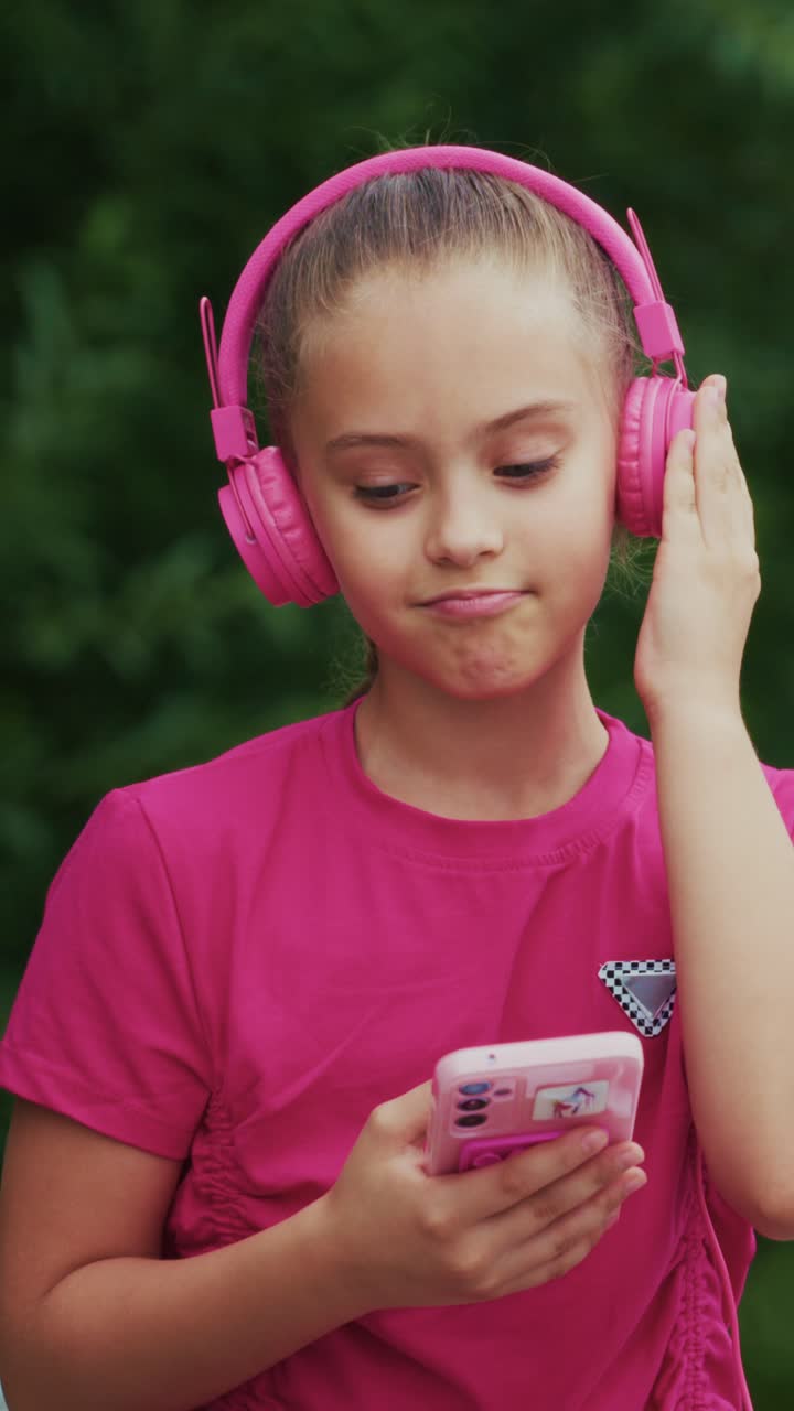 A Young Girl Enjoying Music with Pink Headphones, Embodying Joy and Style in a Serene Outdoor Setting Captured in Two Frames