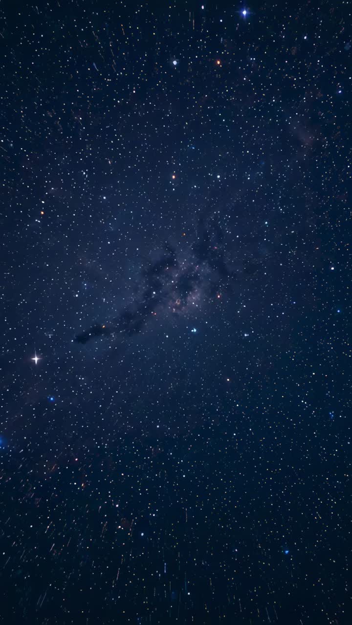 Vertical video: Panning camera showing Milky Way shifting in night sky, dark lanes, blue-white star