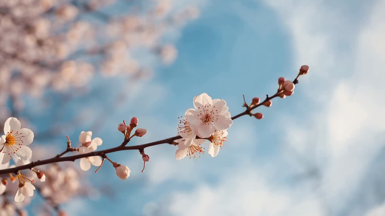 Swaying single flowering branch bending in light breeze against blue sky, showing pale pink blossom