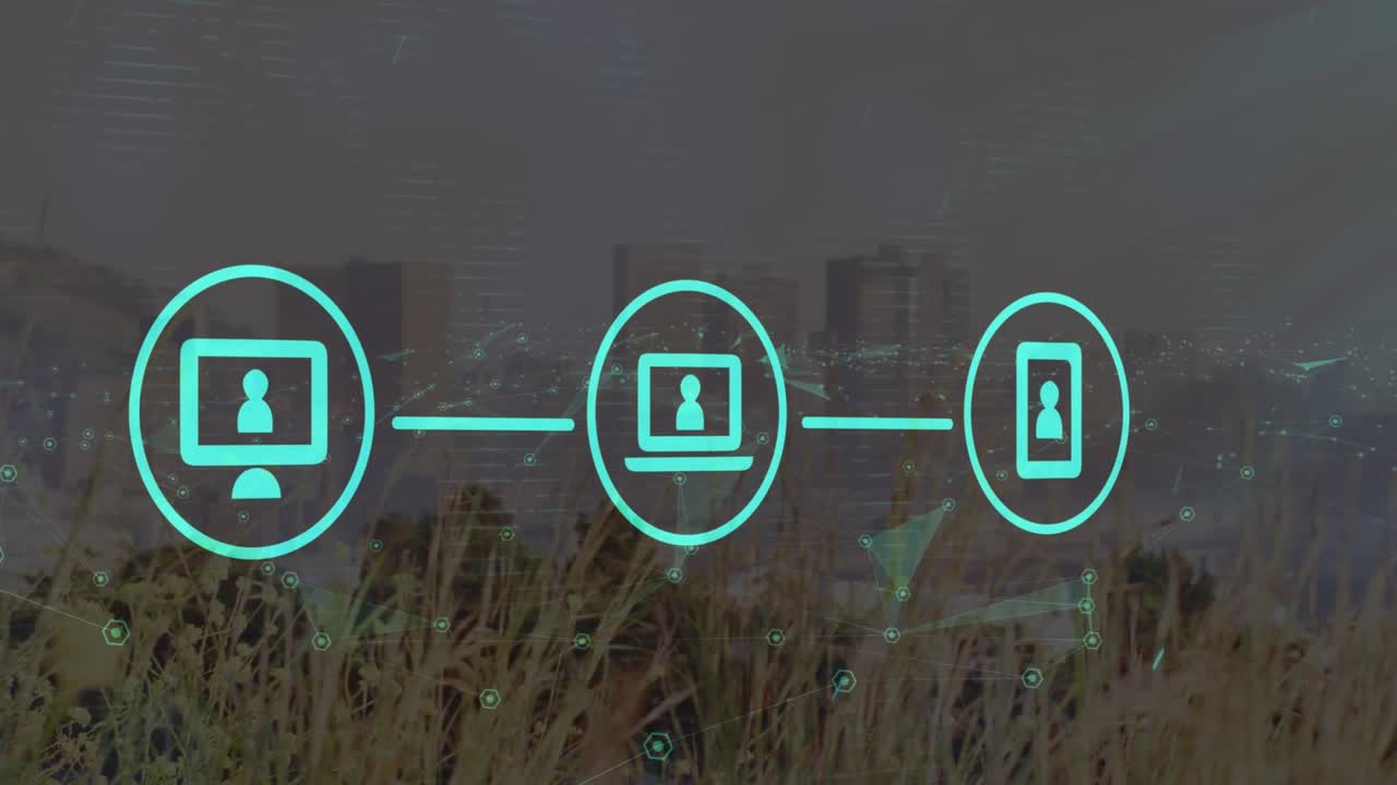 Animation of network of digital icons and plexus networks against aerial view of cityscape