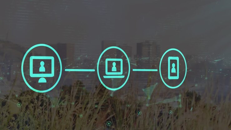Animation of network of digital icons and plexus networks against aerial view of cityscape