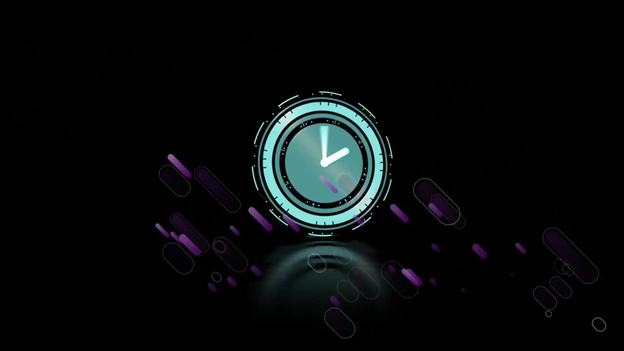 Animation of purple light trails with data loading clock on black background