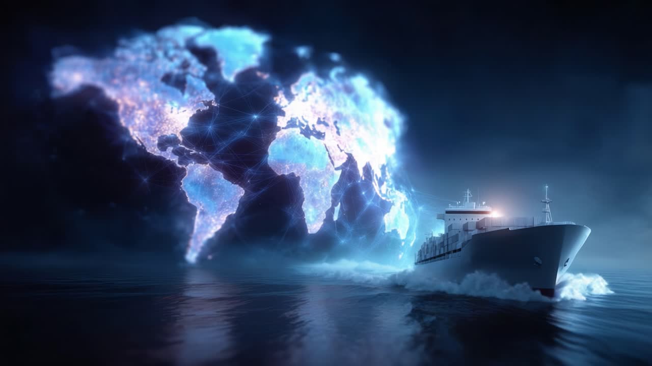 A modern ship navigates through dark waters, leaving a trail as it moves towards a glowing digital world map, symbolizing connectivity and global trade