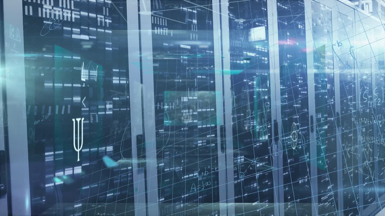 Animation of processing data and maths calculations over flashing computer servers