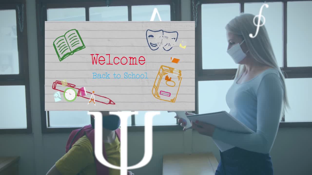얼굴 마스크를 쓰고 있는 백인 여성 교사와 학교 학생들에 대한 학교 복귀 텍스트의 애니메이션