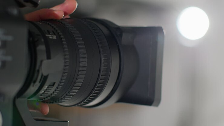 Close Up Of Male Film Camera Operator Focusing Lens On Camera Shooting Movie Or Video In Studio 3