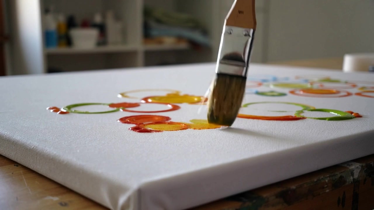 Pennello piatto che tocca, preme e trascina pittura rossa e gialla sulla tela in studio, formando un petalo arancione.