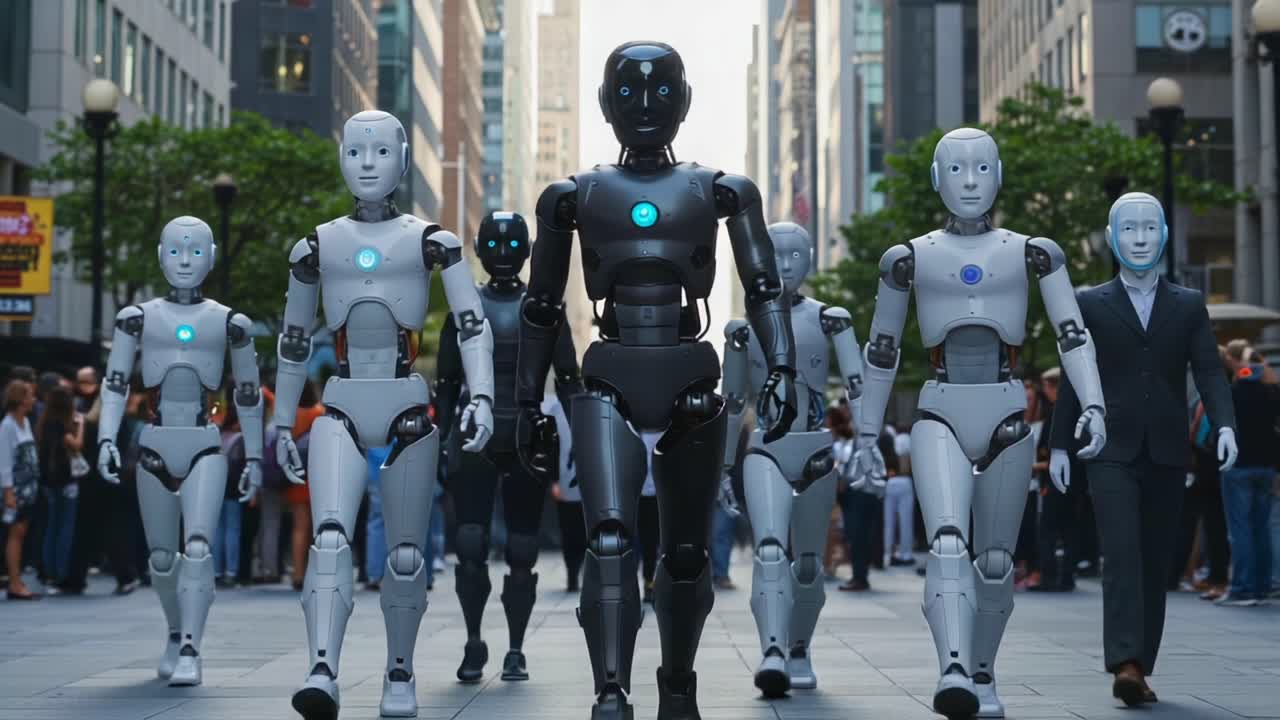 A Collective March of Advanced Humanoid Robots Through a Bustling Urban Street, Demonstrating Progress in Robotics and Technology Integration in Modern Society