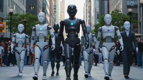 a collective march of advanced humanoid robots through a bustling urban street, demonstrating progress in robotics and technology integration in modern society