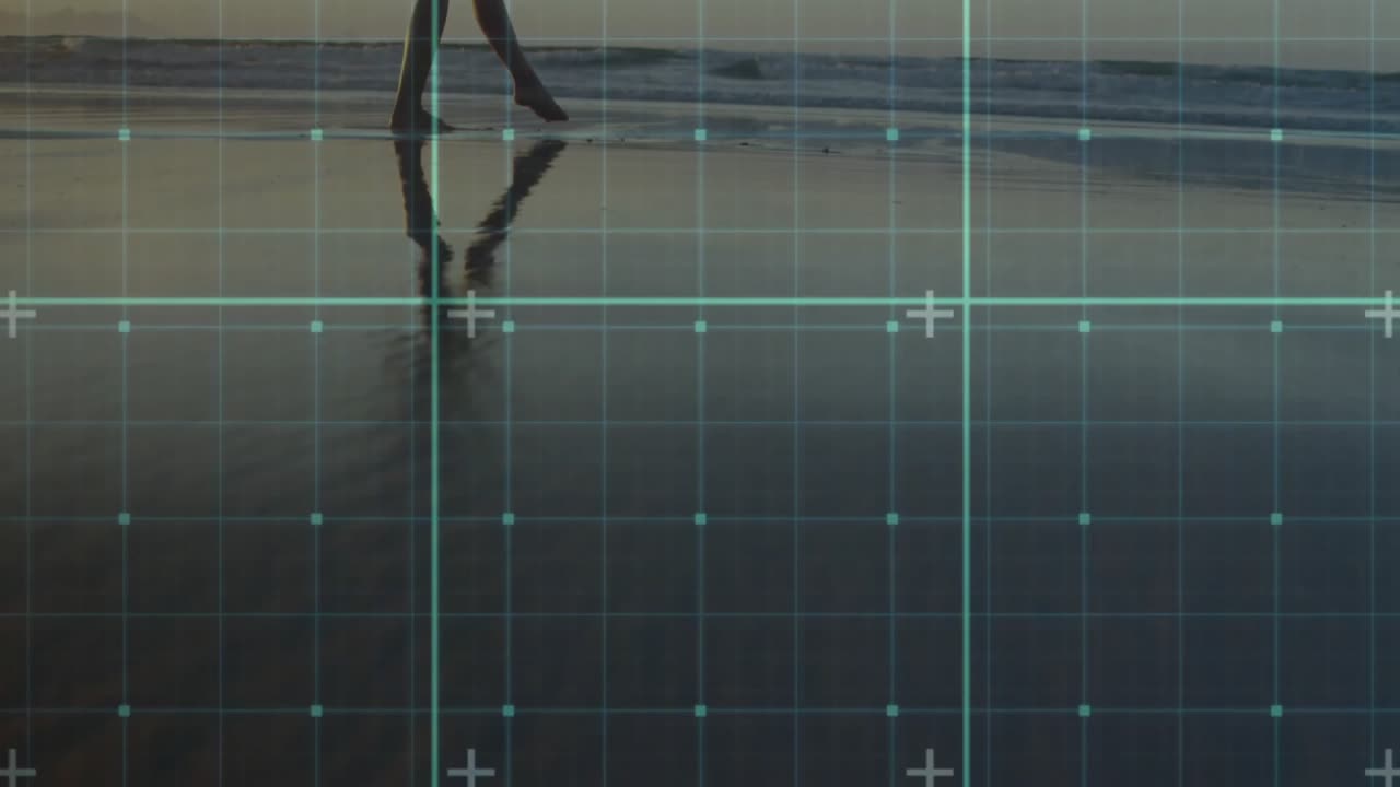 Woman entering from left walking spinning on wet sand at sunset with digital grid measuring motion