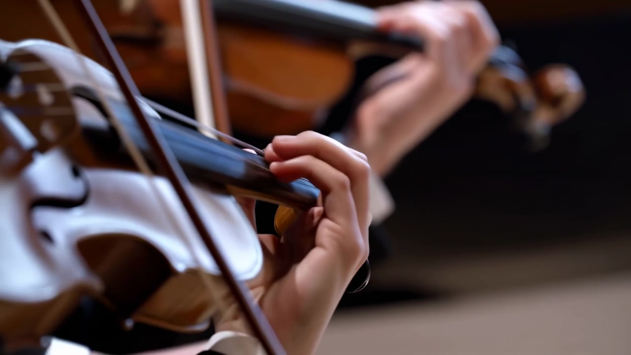 Closeup Violinist Hands On Strings Performing Precise Classical Passage In Orchestra Warm Stage Lighting
