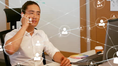 network of connections and data processing animation over businessperson on phone in office