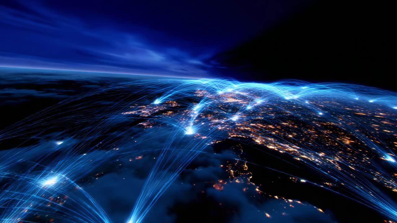 A stunning visual representation of global connectivity, highlighting the intricate web of communication networks and data exchange illuminated against a backdrop of earth's night landscape, showcasing technological advancement