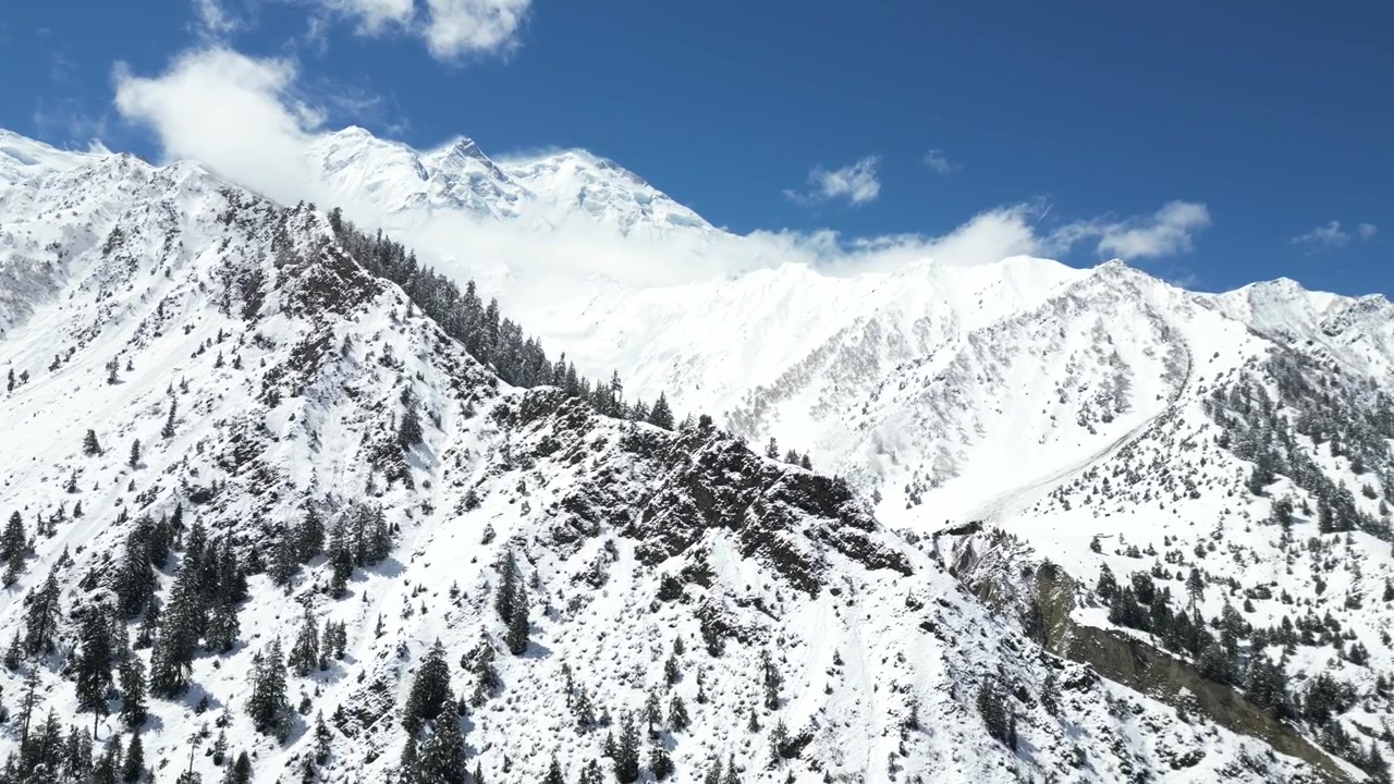 Penerbangan drone udara di sepanjang Gunung dan Gletser Rakaposhi yang tertutup salju di Lembah Hunza, Pakistan, dengan Puncak Karakoram yang menakjubkan di bawah Langit Biru