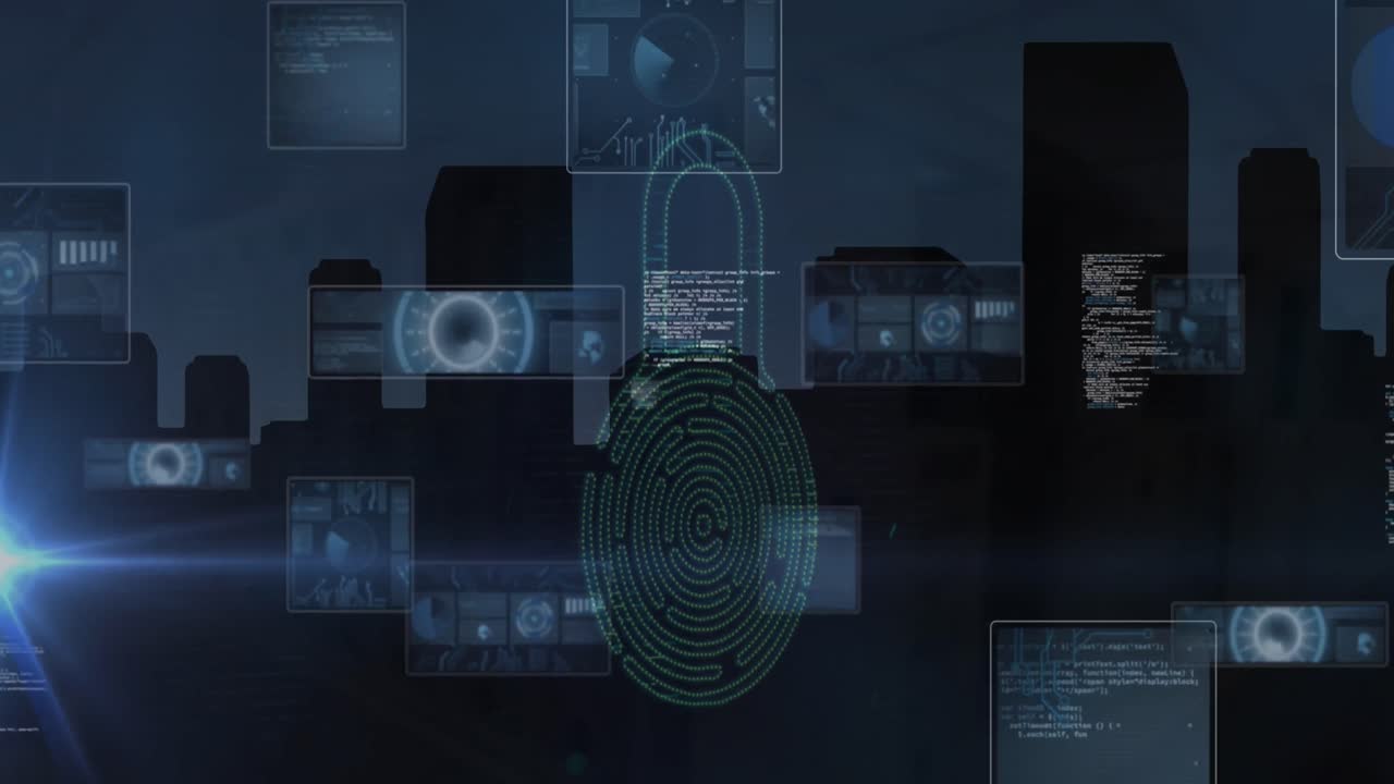 Animation of multiple infographic interfaces over fingerprint and padlock against buildings